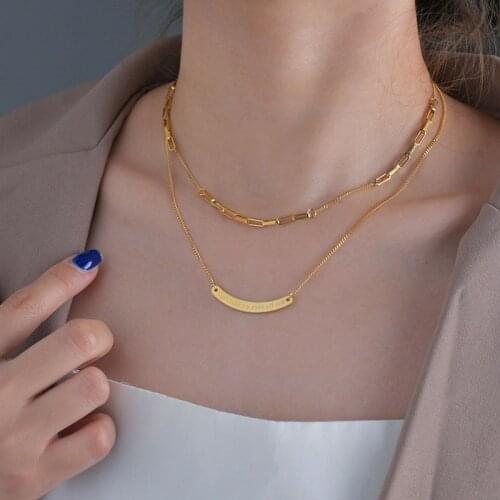 Korean Style New Curved Necklace Womens Fashion Double Layer Twin Letters Geometric Pendant Stainless Steel Neck Joint