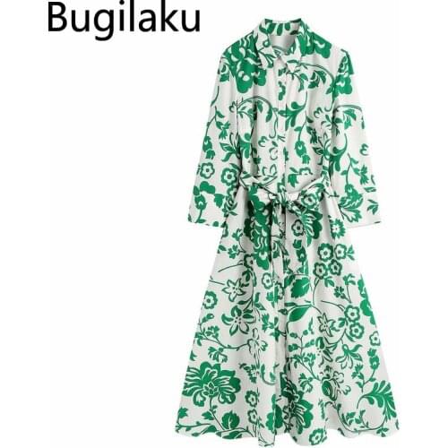 Bugilaku Temperament 2021 Fall New Printing Dress V-neck Long Sleeve Single Breasted Lacing Dresses Elegant Slim Waist Vestidos
