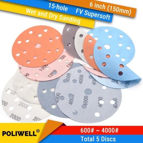 5PCS 6 Inch(150mm) 15-Hole FV Superfine Wet/Dry Hook & Loop Auto Body Film Sanding Discs Paint Abrasive Sandpaper, 600#-4000