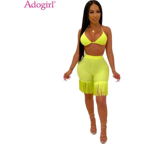 Adogirl Women Fashion Sexy Two Piece Set Halter Bra Top + Tassel High Waist Shorts Night Club Party Suit Female Outfits S-XXL
