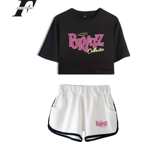Bratz Two Piece Set Shorts + T-shirt Harajuku Streetwear Hot Girl Sets Print Above Knee Mini Casual Beautiful Rock Angelz Women