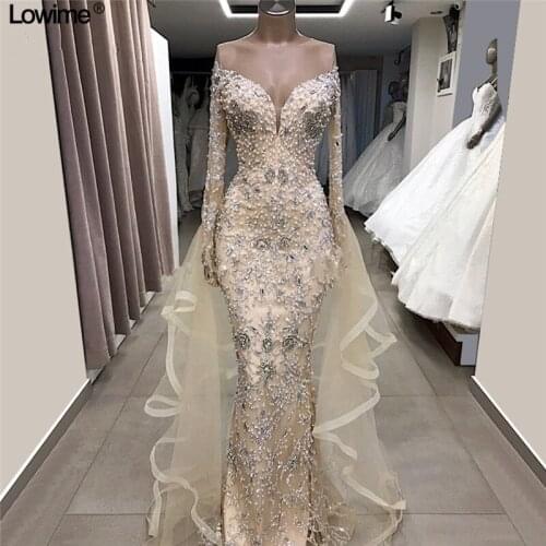 Light Champagne Pearls Long Evening Dresses 2019 New Arabic Couture Dubai Formal Prom Dress Abendkleider Sexy Party Gowns