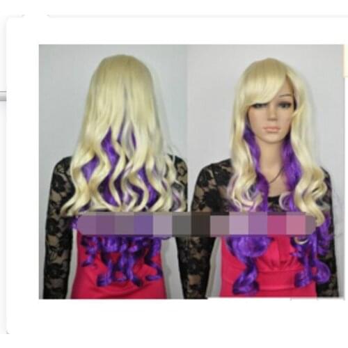 Sush##@@0028736++Cos light blonde and purple mix long curly cosplay full wig