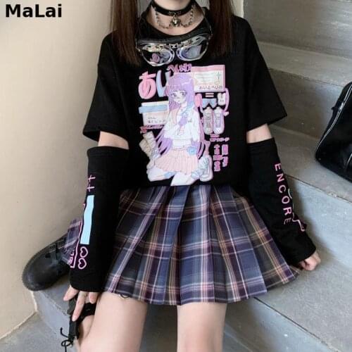 Japanese Anime T Shirt Long Sleeve Top Zipper Removal Tee Cotton Tshirt Women Harajuku Cartoon JK Girl Cute Clothes Printed Tops