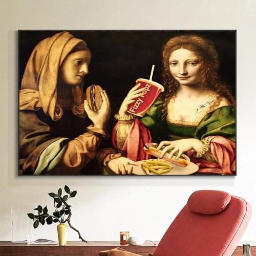 Funny Maria drinking cola Canvas Posters And Prints Creativity Portrait oil painting Home Decorative Painting For Living Room