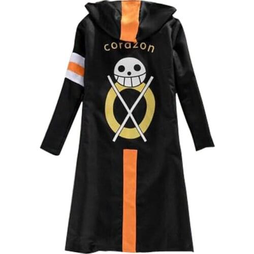 Anime One Piece Cosplay Costume Trafalgar Law Cloak Men Adult Black Long Sleeve Hooded Overcoat Trench Coat Halloween