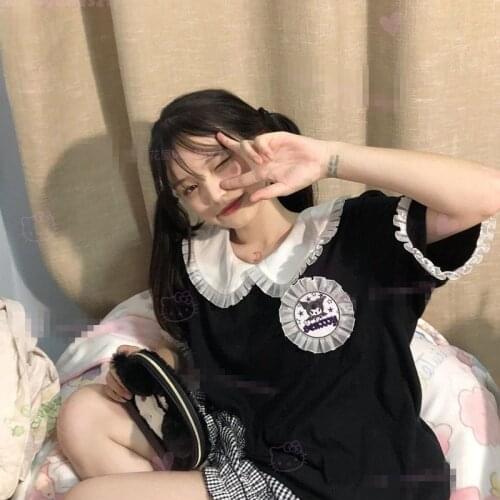 Harajuku Summer Lace Short-sleeved T-shirt Female 2021 New College Style Korean Student Loose Top Soft Girl T-shirt