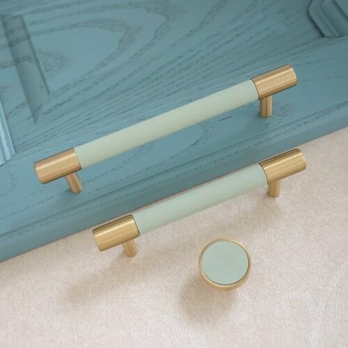 3.75" 5" Copper Cabinet Handles Light Green Leather Knobs Drawer Dresser Pulls Handle Round Kitchen Cupboard Knob 96 128mm Decor