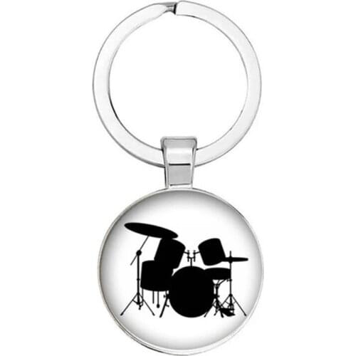 New 25mm Handmade Fashion Drum Set Kit Silhouette Keychain Glass Musical Instrument Pattern Cabochon Key Ring Key Ring Music Lov