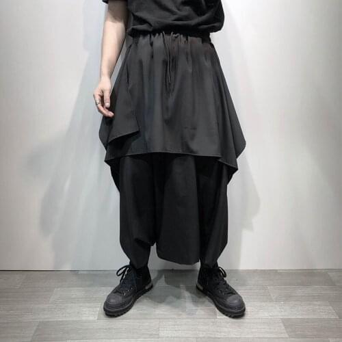 Japanese Yamamoto style irregular stitching crotch fashion mens Harem Pants Harajuku style slim designer Capris