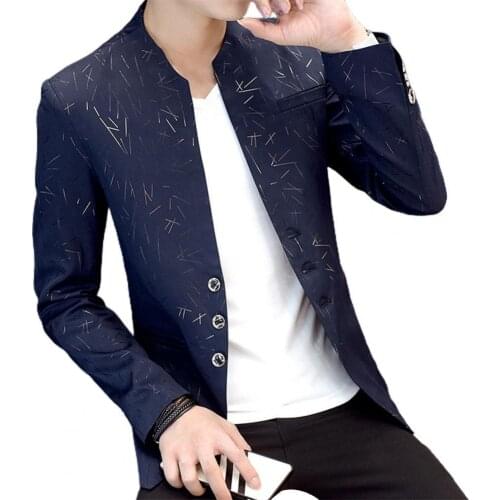 Men Blazer Vintage Print Korean Style Spring Autumn Stand Collar Fake Pockets Buttons Blazer for Business