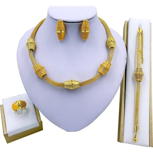 Nigeria Wedding Fashion Jewelry Sets Charm Bridal Gold Necklace Bracelet Earrings Ring Luxury Jewelry Party Gift