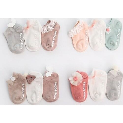 3 Pairs/Pack Newborn Cotton Ankle Socks Toddler Anti-slip Floor Sock Baby Girls 3D Ruffled Bowknot Flower Socks Princess