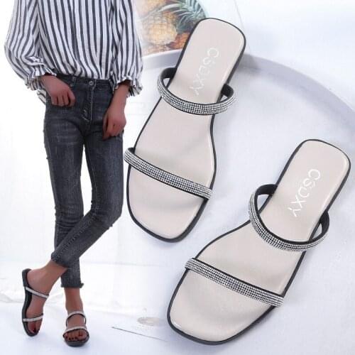 New Rhinestone Bright Diamond Slippers Crystal Hollow Flat Slide Ladies Open Toe Comfort Slip On Outdoor Beach Sandals