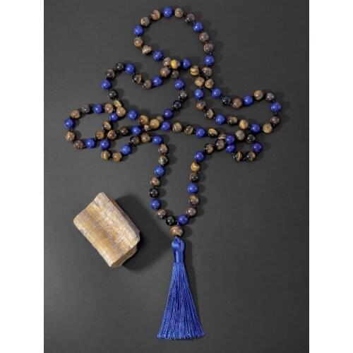 OAIITE 8mm Lapis Lazuli Tiger Eye Stone Knotted Necklace Meditation Yoga Jewelry 108 Mala Beads Rosary Necklaces With Tassel