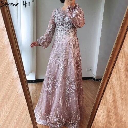 Muslim Pink Luxury Evening Gowns 2021 Flowers Crytsal Long Lantern Sleeves Formal Dress Design BLA70779 Serene Hill