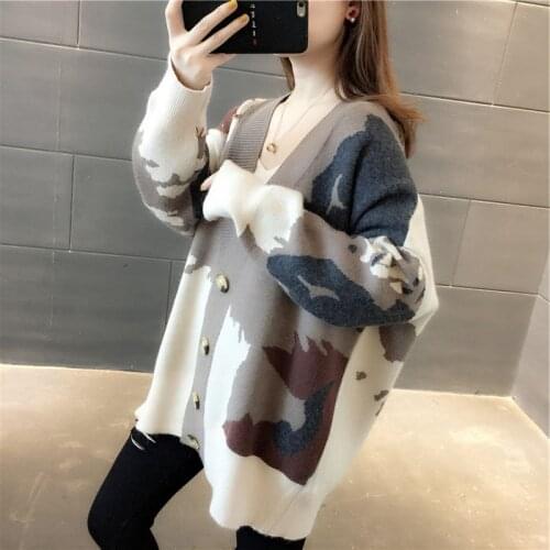 ZAWFL 2021 Womens Sweaters Winter Autumn Plaid V-Neck Cardigans Button Puff Sleeve Checkered Oversize Sweater Tops