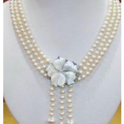 Jewelry 3 Rows Genuine White Pearl White stone Shell Flower Clasp Pendant Necklace