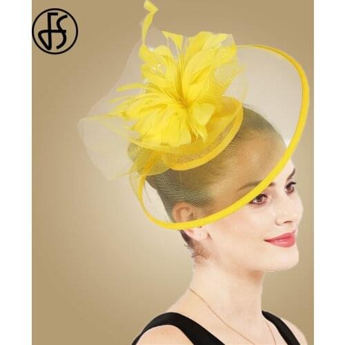 FS Yellow Pillbox Hat Bridal Fascinator Wedding Hat For Women Elegant Feathe Cocktail Party Formal Church Derby Fedoras Hats
