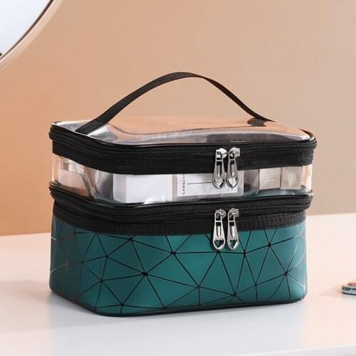 Women Double Layer Cosmetic Bag PU Make up Organizer Bags Travel Waterproof Toiletry Storage Pouch Beautician Makeup Cases Box