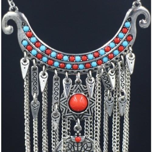 Bohemain ethnic vintage retro silver color pendant resin beads Tassel chain long necklace earring set for women choker collar