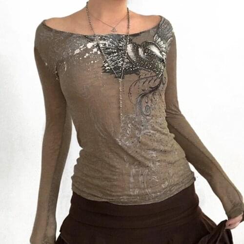Women Autumn Rhinestone T-Shirt Adults Angel Wing Love Pattern Long Sleeve Round Neck Pullover