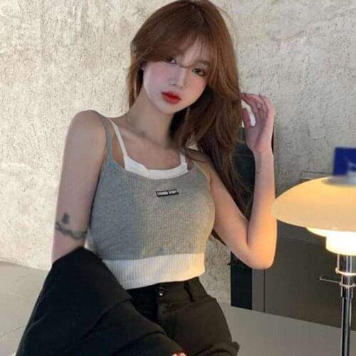 2021 Summer Female Personality Stitching Fake Two-Piece Fashion Letter Labeling Camisole Fashion Contrast Color Umbilical Top
