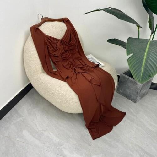 Top Quality Autumn Ladies Long Puff Sleeve Ladies Elegant Bodycon Brown Tight Dresses New Arrival 2021