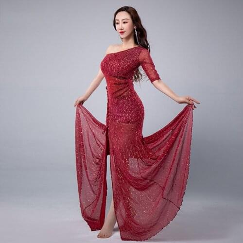 Women bellydance dress sequined costume long sexy split dress Oblique shoulder one-piece belt dresses women bellydance dress