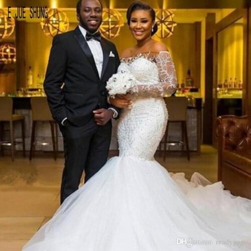 E JUE SHUNG New African Mermaid Wedding Dresses Boat Neck Long Sleeves Beaded Wedding Gown Covered Button Back vestido de noiva