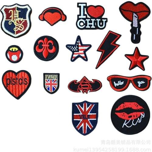 100Pcs/lot Round Luxury Red Embroidery Patches Letter Heart Iron Transfers for Clothing Badges Applique Sewing Accessories