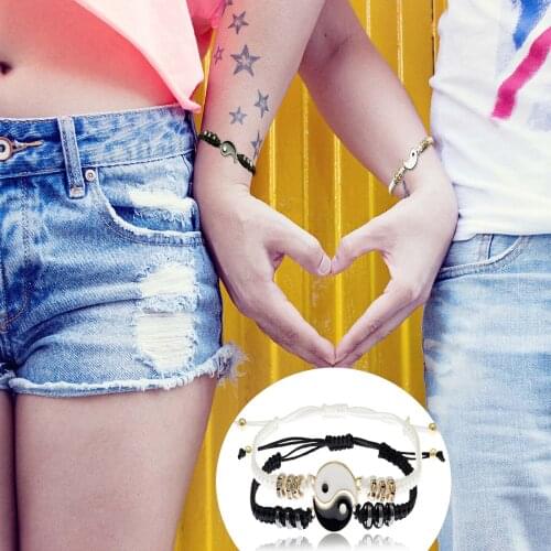 2pcs Gold Silver Yin Yang Taiji Matching Cord Chain Charm Cuff Bangle Bracelet Adjustable For Women Best Friends GF BF Couples