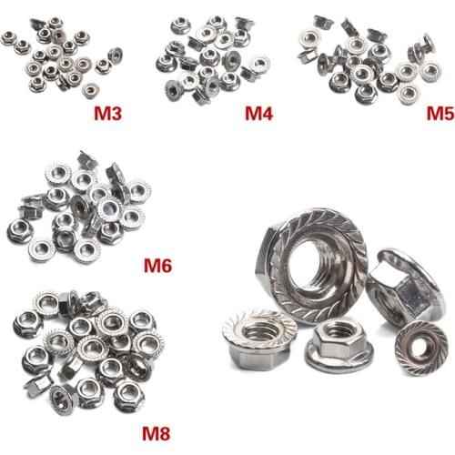 20PCS M3/M4/M5/M6/M8 DIN6923 304 Stainless Steel Hexagon Flange Nuts Anti Slip Lock Nut Set