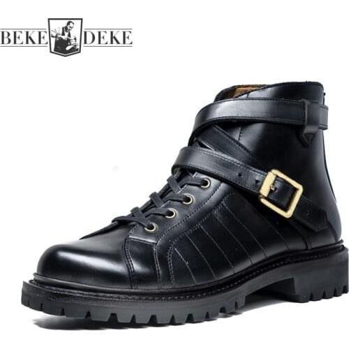 High Quality Vintage Mens Motorcycle Boots Handmade Cowhide Genuine Leather High Top Work Shoes Buckle Strap Punk Boots Male