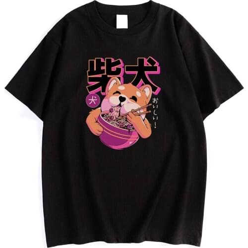 Eating Noodles Cute Shiba Inu Printing Men T-Shirt Simplicity O-Neck Tshirts Cool Breathable T Shirts Creativity Soft Mens Top