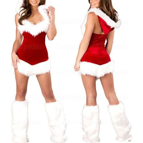 Laipelar 2020 Sexy Womens Mrs Santa Claus Christmas Costume Mini Dress White Fur Red Dress Women Sexy Nightclub Cosplay Clothes