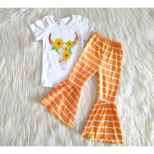 Toddler girl clothes spring sunflower pattern and cow printed outfit wholesale girl boutique clothes