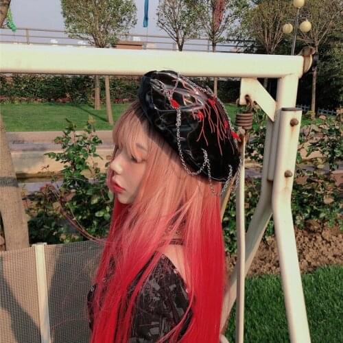 Cool Girl Dark Fashion Demon Horn Chain Rivet Punk Patent Leather Beret Hat