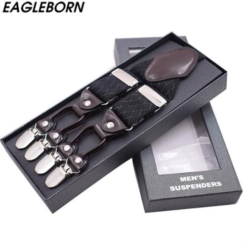 Fashion Suspenders leather alloy 6 clips Braces Male Vintage Casual suspensorio Trousers Strap Father/Husbands Gift 3.5*120cm