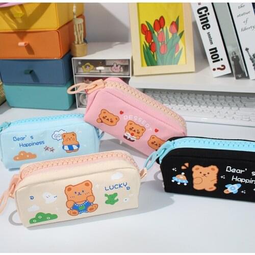 Cartoon kawaii bear canvas large capacity pencil case storage stationery office supplies stationery school pencil case