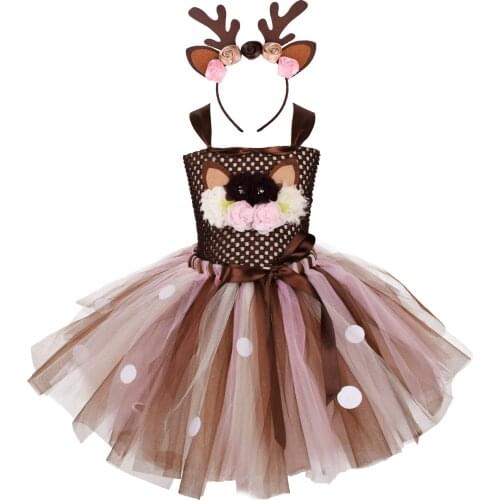 Cartoon Deer Bambi Tutu Dress Christmas Children Mesh Princess Dress Halloween Cosplay Costumes New Year Gift for Girls