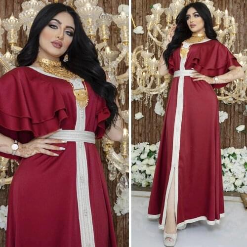 Muslim Ribbons Abaya Casual Long Dress V-neck Short Sleeve Maxi Robe Gown Women Ruffle Sleeve Dresses Turkish Middle East Kaftan