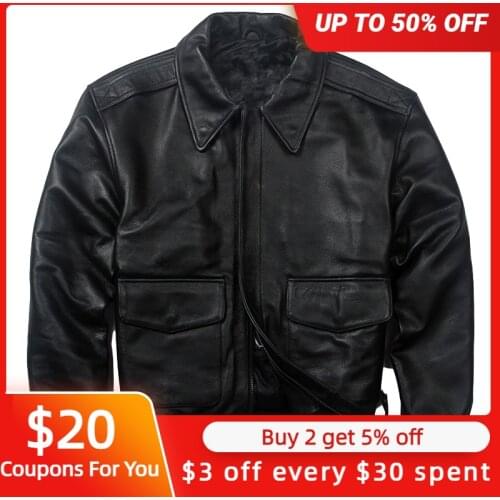 2021 Black Military Style A2 Leather Jacket Men Europe Size XXL Genuine Natural Cowhide Autumn Loose USAF Aviation Coat