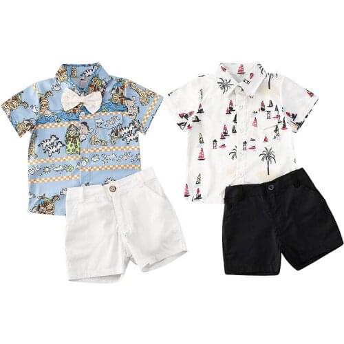 1-6Y Kids Baby Boys Clothes Set 2021 Summer Children Cartoon Print Short Sleeve Lapel Pocket Shirts +Tie +Shorts Boys Outfits