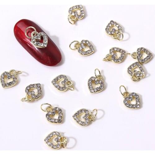 10Pcs Heart Nail Charms Pierced Fingernail Jewelry Charms With Zircon Hollow Heart Charms Metal Nail Decorations 8X12mm In Bags