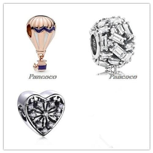 925 Sterling Silver Beads Blue Enamel Rose Hot Air Balloon Charm Fit Pandora Women Bracelet & Necklace Diy Jewelry