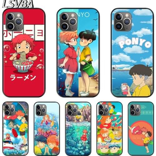 Cute Anime ponyo For Apple iPhone 12 11 XS Pro Max Mini XR X 8 7 6 6S Plus 5 SE 2020 Black Silicone Cover Phone Cross