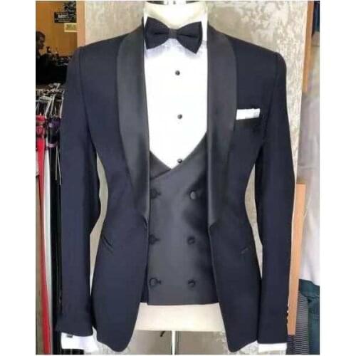 Custom Made Groomsmen Navy Blue Groom Tuxedos Shawl Black Lapel Men Suits Wedding Best Man Blazer ( Jacket+Pants+Vest+Tie ) C427