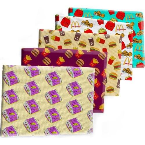 Bullet Strech Fabric Printed Hamburger Fries Food Pattern Bubble Cloth for DIY Hair Bow Scarf Home Textiles Materials 50*145cm