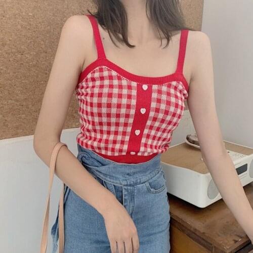 4 Colors Retro Sweet Plaid Pattern Knit Camisole Sexy Slim Womens Bottoming Crop Top Knitted Green/Blue/Red/Black Colors